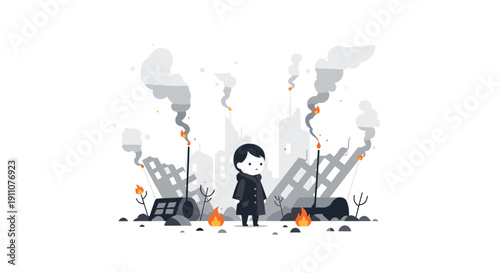 Small person standing amidst a desolate, smoking industrial landscape with destroyed buildings and small fires.