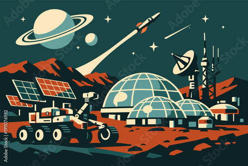 Mars settlement with rover, solar panels, rocket launching, and futuristic habitat domes