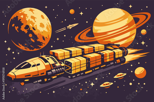 Spaceship cargo transport vehicle cruising through outer space with planets