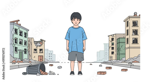 Young boy standing alone in the middle of a war-torn city street with rubble, debris, and destroyed buildings.