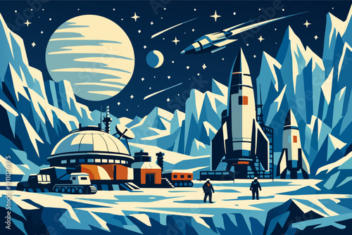 Space exploration mission building a lunar base on an alien planet