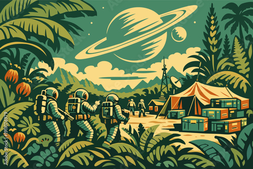 Astronauts exploring alien jungle planet with base camp under ringed saturn-like planet