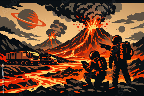 Astronauts exploring alien planet with erupting volcanoes, observing lava fields