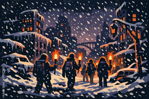 Survivors walking with torches through a snowstorm in an abandoned, frozen city