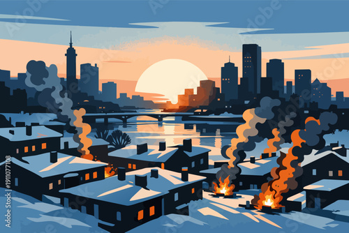 Winter city fires burning by river at sunset creating urban contrast