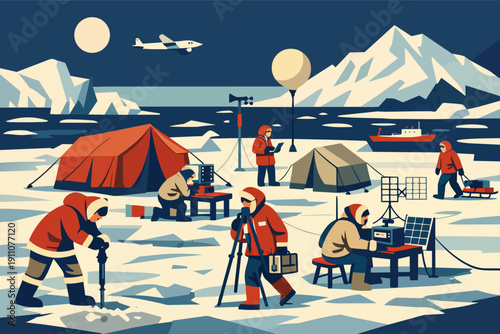 Arctic research expedition establishing camp, collecting data, monitoring climate change
