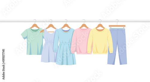 Assortment of women's casual garments including a t-shirt, two dresses, a sweater, long-sleeve top, and jeans hanging on a rail.