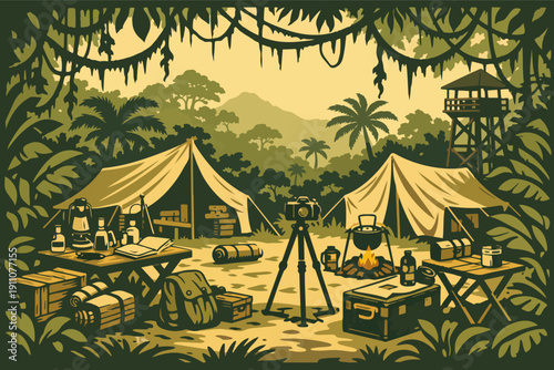 Tropical jungle base camp set up with adventure exploration and safari expedition