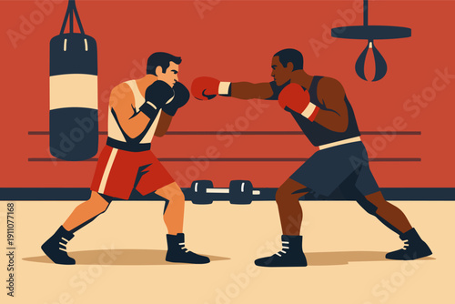 Boxers sparring in a boxing ring, training for a professional match or competition