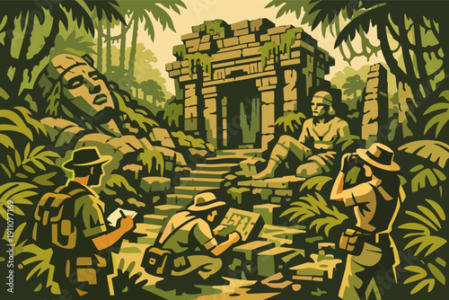 Archeologists exploring ancient mayan temple ruins in a dense tropical jungle