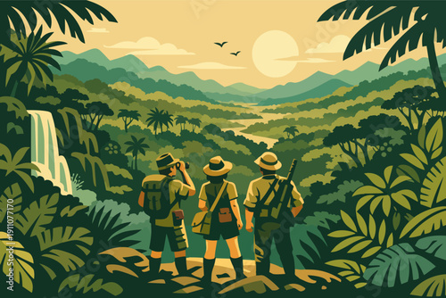 Explorers looking at vast tropical jungle valley enjoying adventure and nature