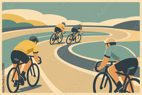 Cyclists racing on a winding road, competing in a road cycling challenge