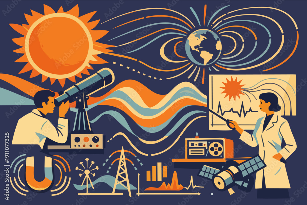 Obraz premium Scientists researching space weather impact on earth's geomagnetic field and solar activity