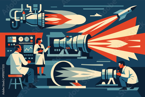 Aerospace engineers researching rocket and jet engine propulsion in laboratory