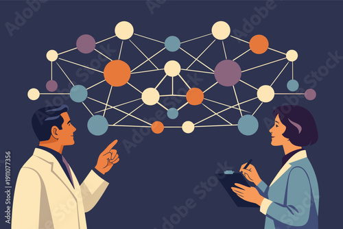 Scientists analyzing complex network data, discussing research findings collaboratively