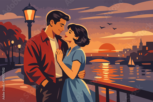 Couple embracing by river at sunset, vintage city scene, loving relationship artwork