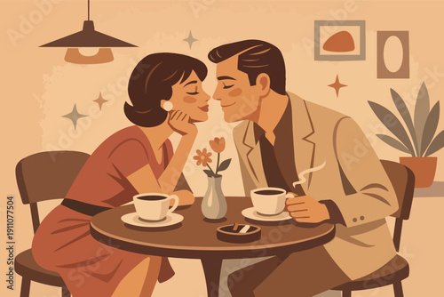 Romantic couple enjoying coffee date in a vintage cafe, sharing an intimate moment