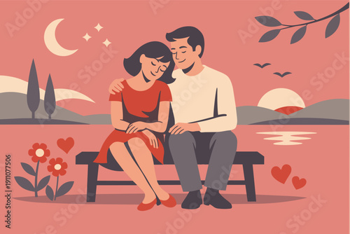 Romantic couple embracing on a park bench during sunset, finding love and togetherness