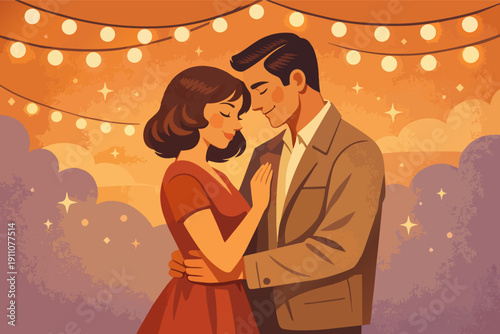 Loving couple embracing, sharing a romantic date night moment under string lights