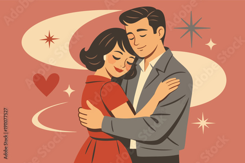 Romantic retro couple embracing, showing love and happy relationship