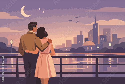 Loving couple embracing, watching city skyline during a romantic evening