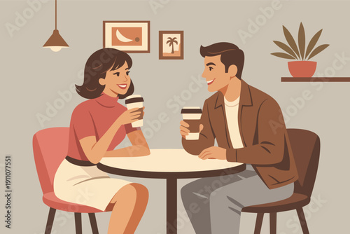 Couple enjoying coffee at a cafe, having a conversation during a date