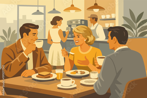 Friends chatting and enjoying breakfast at a classic retro coffee shop
