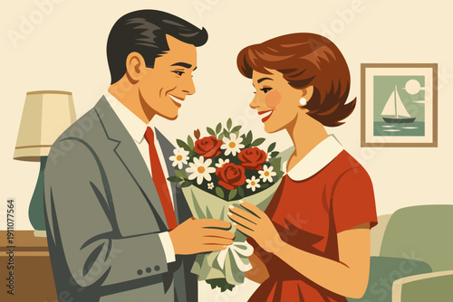 Elegant man presenting flowers to a happy woman, celebrating romance and appreciation