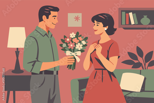 Man gifting woman flowers, expressing love and romance in a retro style home setting