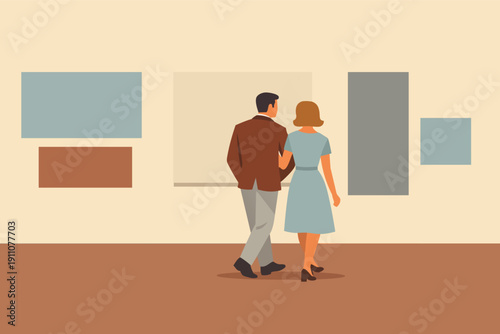 Couple visiting an art gallery, enjoying an exhibition of paintings and culture