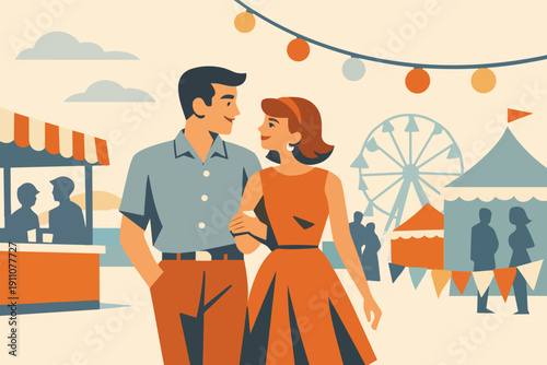 Lovers walking arm-in-arm at a retro theme park, spending quality time together