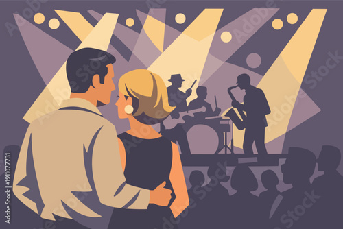 Couple enjoying jazz concert at a club, retro night event performance