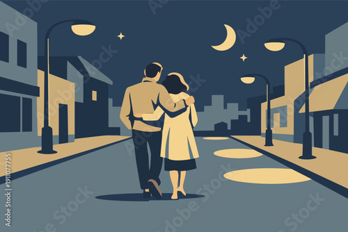 Couple walking arm in arm on urban street at night with moon and stars