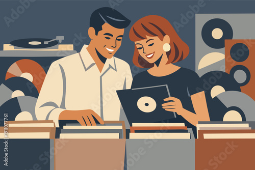 Couple shopping for vinyl records in a vintage music store, enjoying retro hobby