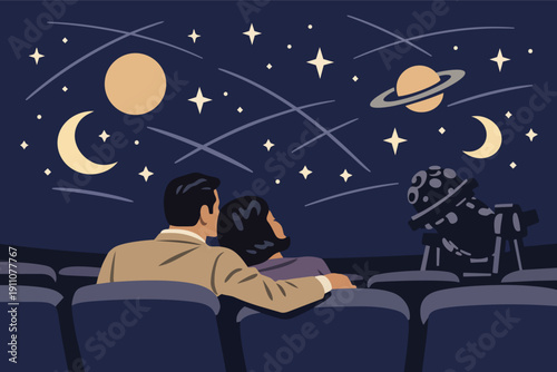 Couple enjoying night sky projection in planetarium, exploring space and stars