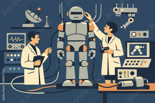 Scientists developing a robot in a laboratory, working on artificial intelligence