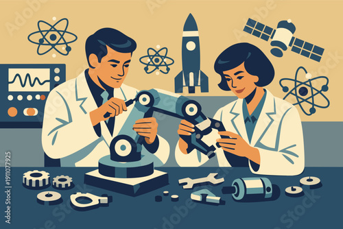 Scientists working on robotics developing future technology in a vintage laboratory