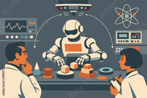 Robot performing complex task watched by scientists in a high-tech laboratory