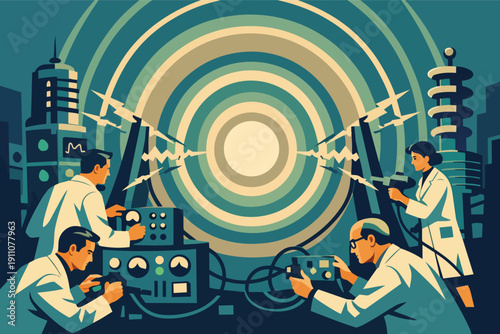 Scientists conducting retrofuturistic quantum experiment in an atomic age laboratory