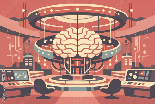 Artificial intelligence brain in a futuristic research lab controlling technology