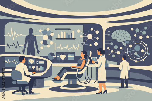 Medical research team performing patient health data analysis in a futuristic laboratory