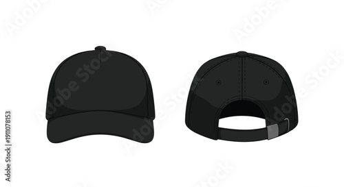 Two different views of a plain black baseball cap showing the front with a brim and the back with an adjustable strap and buckle.