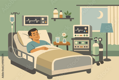 Patient resting in hospital bed, recovering with medical equipment assistance