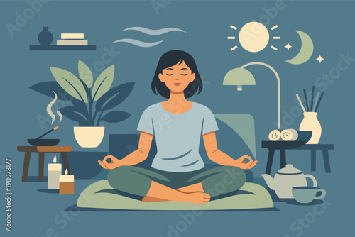 Woman meditating in lotus position at home, practicing mindfulness and relaxation