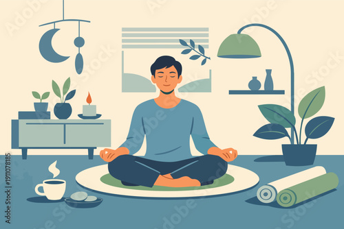 Man meditating in lotus position finding inner peace and mindful well-being at home