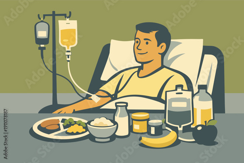 Patient receiving intravenous feeding and hospital meal for recovery and health