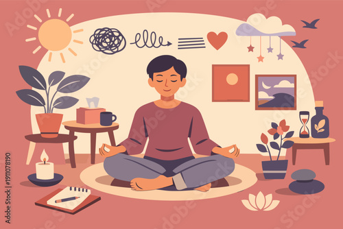 Person meditating finding inner peace and mental wellness in a calm home environment