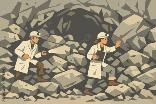 Geologists exploring cave, researching rocks and minerals, wearing hard hats