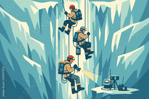 Explorers rappelling down an icy cave shaft discovering hidden underground formations
