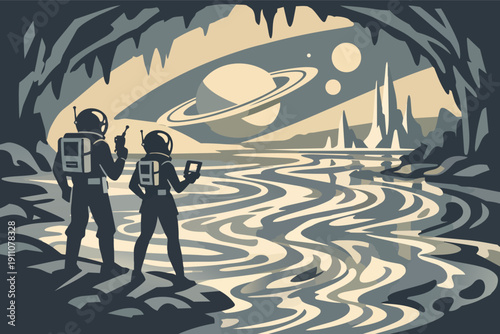 Astronauts exploring alien cave with glowing river under ringed planet in space